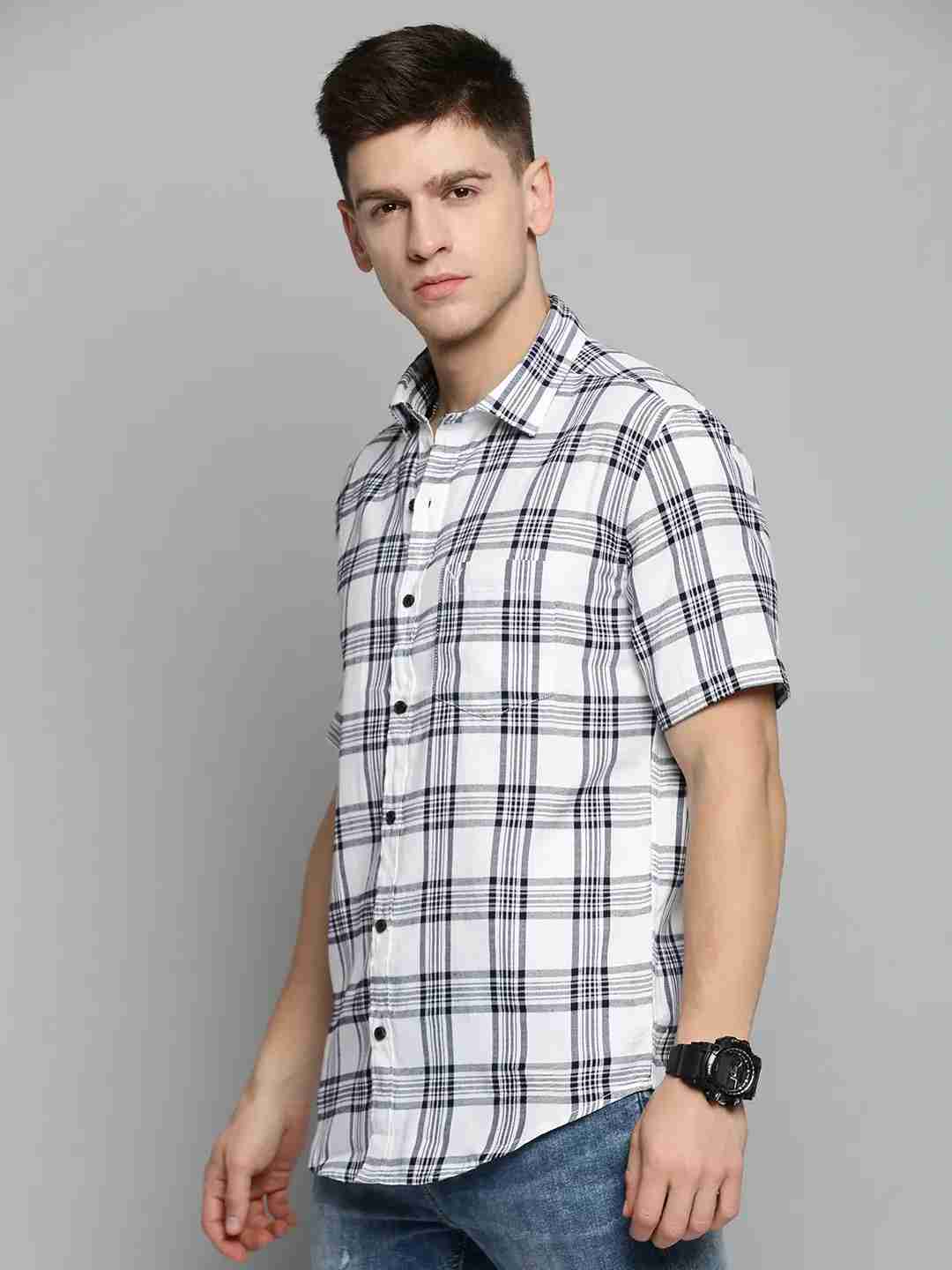 SHOWOFF Men's Spread Collar White Checked Shirt