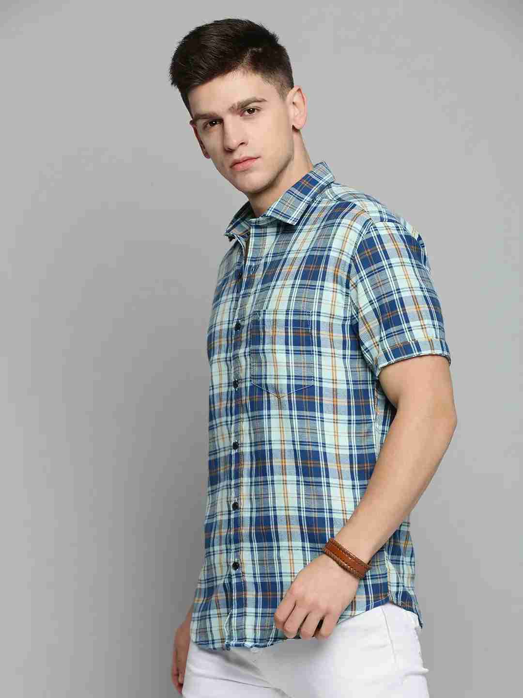SHOWOFF Men's Spread Collar Sea Green Checked Shirt