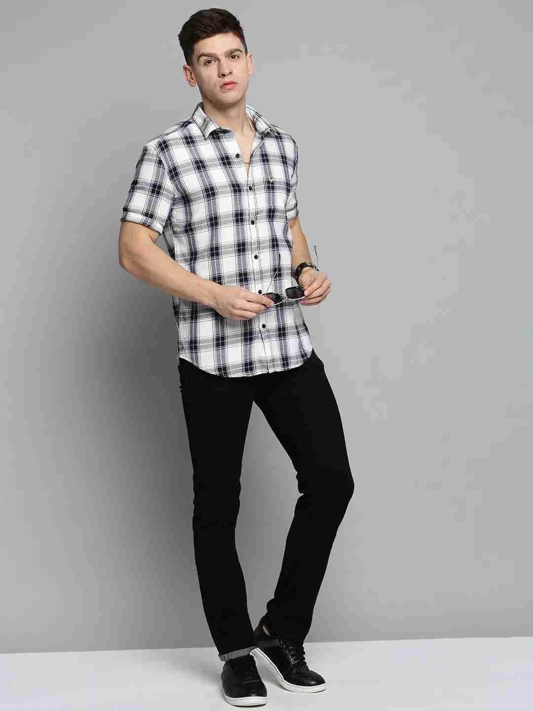 SHOWOFF Men's Spread Collar White Checked Shirt