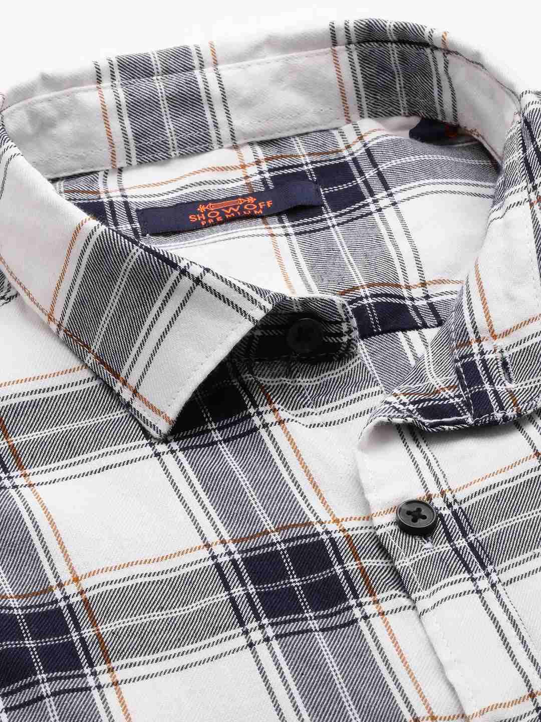 SHOWOFF Men's Spread Collar White Checked Shirt