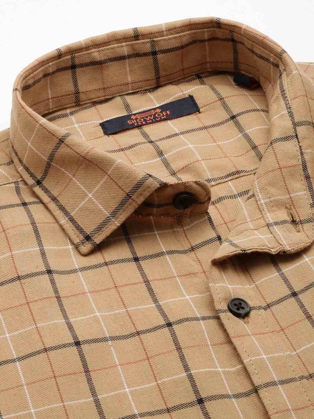 SHOWOFF Men's Spread Collar Khaki Checked Shirt