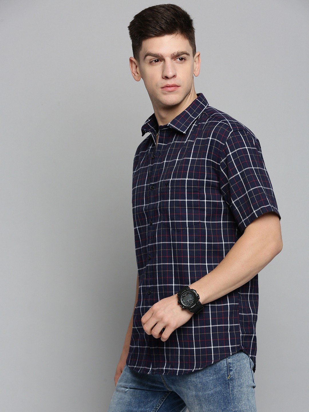 SHOWOFF Men's Spread Collar Navy Blue Checked Shirt