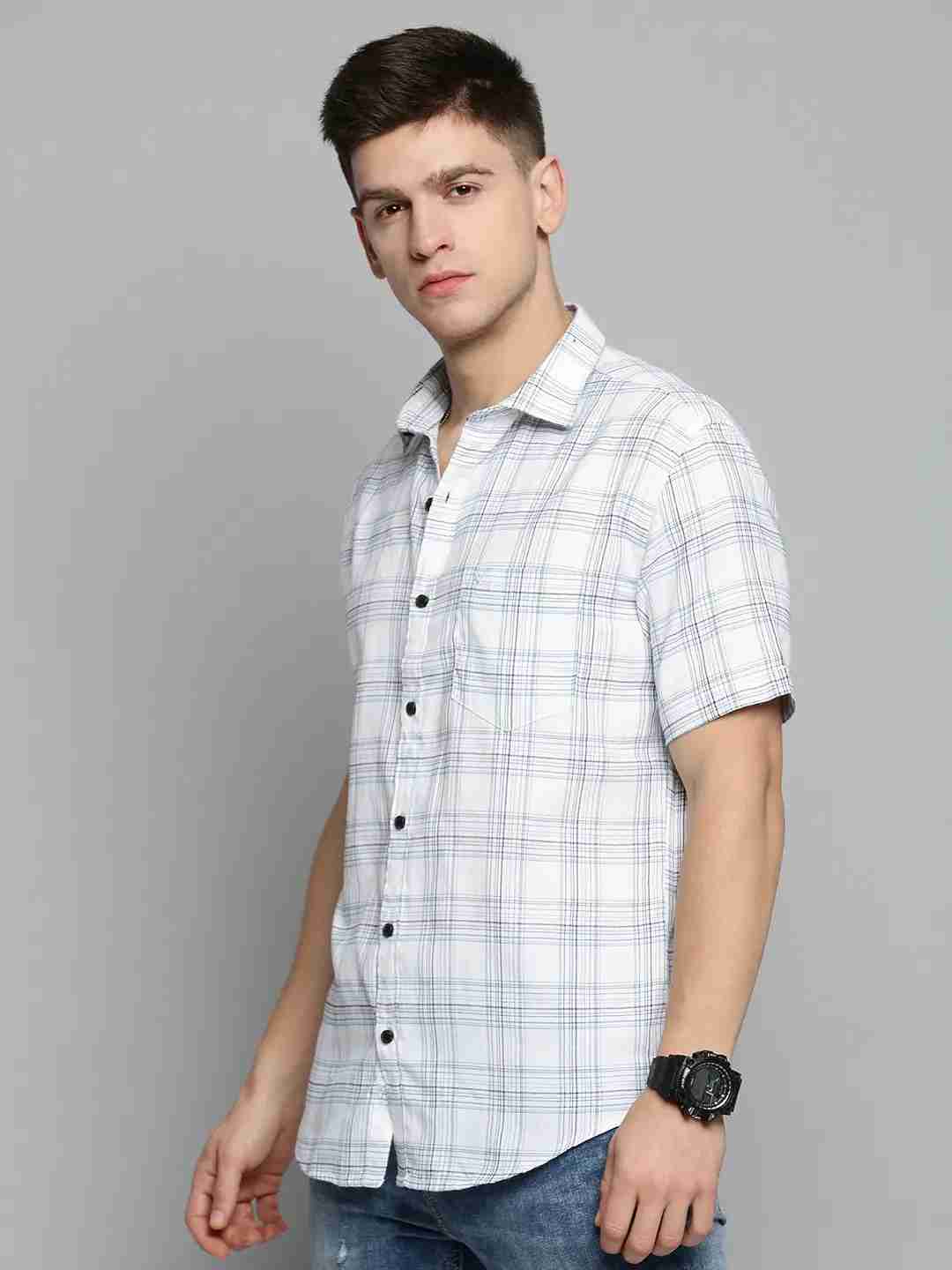 SHOWOFF Men's Spread Collar White Checked Shirt