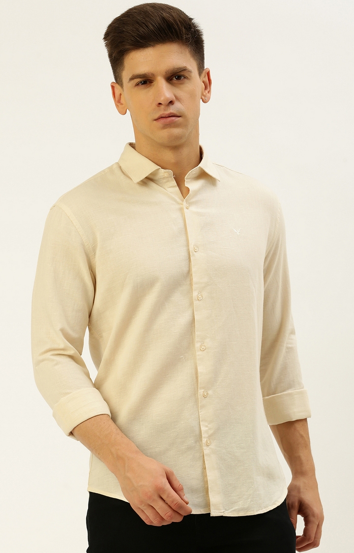 SHOWOFF Men's Spread Collar Solid Cream Regular Fit Shirt