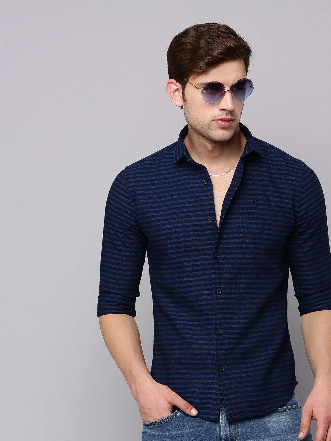 SHOWOFF Men's Spread Collar Navy Blue Self Design Shirt