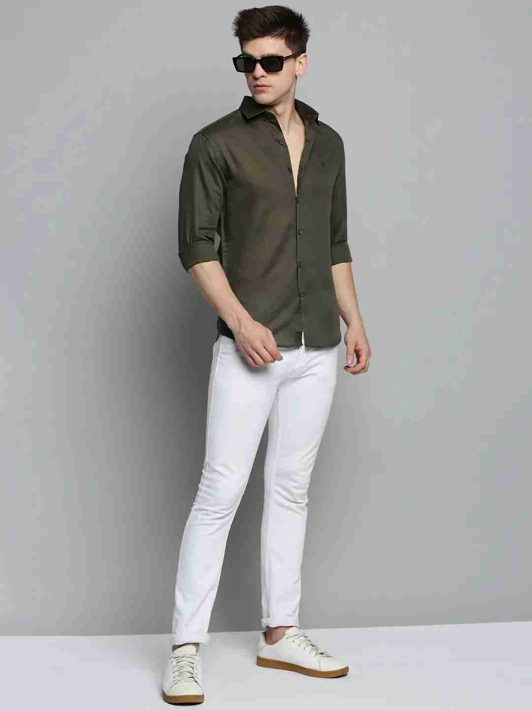 SHOWOFF Men's Spread Collar Olive Solid Shirt