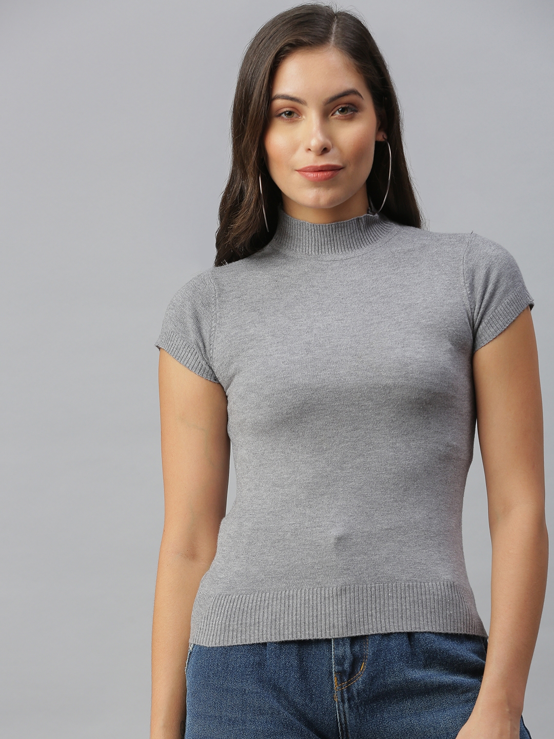 Women's Grey Cotton Blend Solid Tops