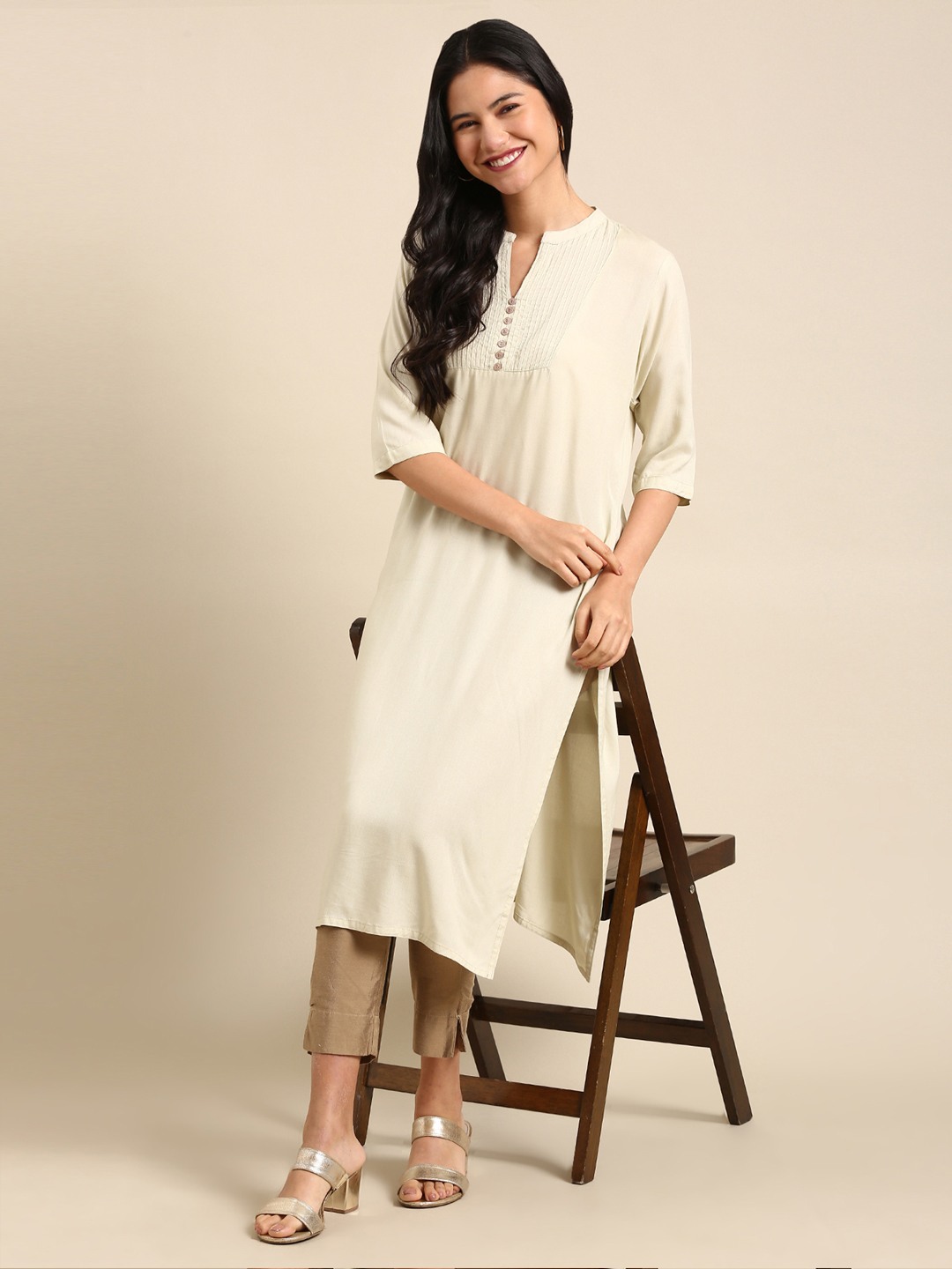Women's Beige Silk Solid Comfort Fit Kurtas