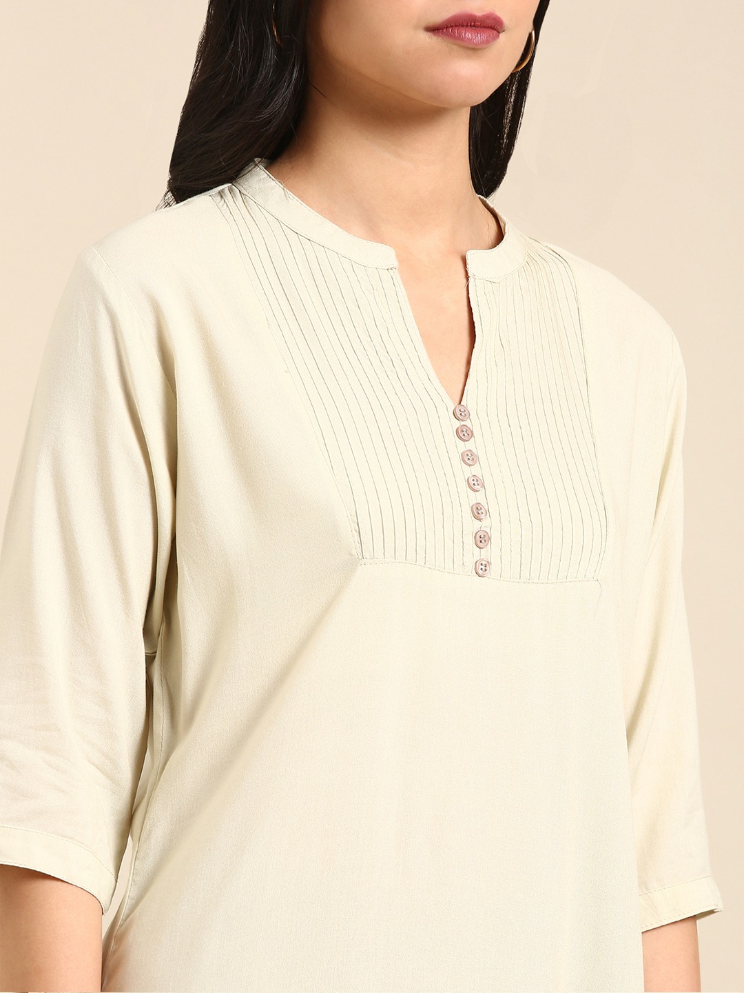 Women's Beige Silk Solid Comfort Fit Kurtas