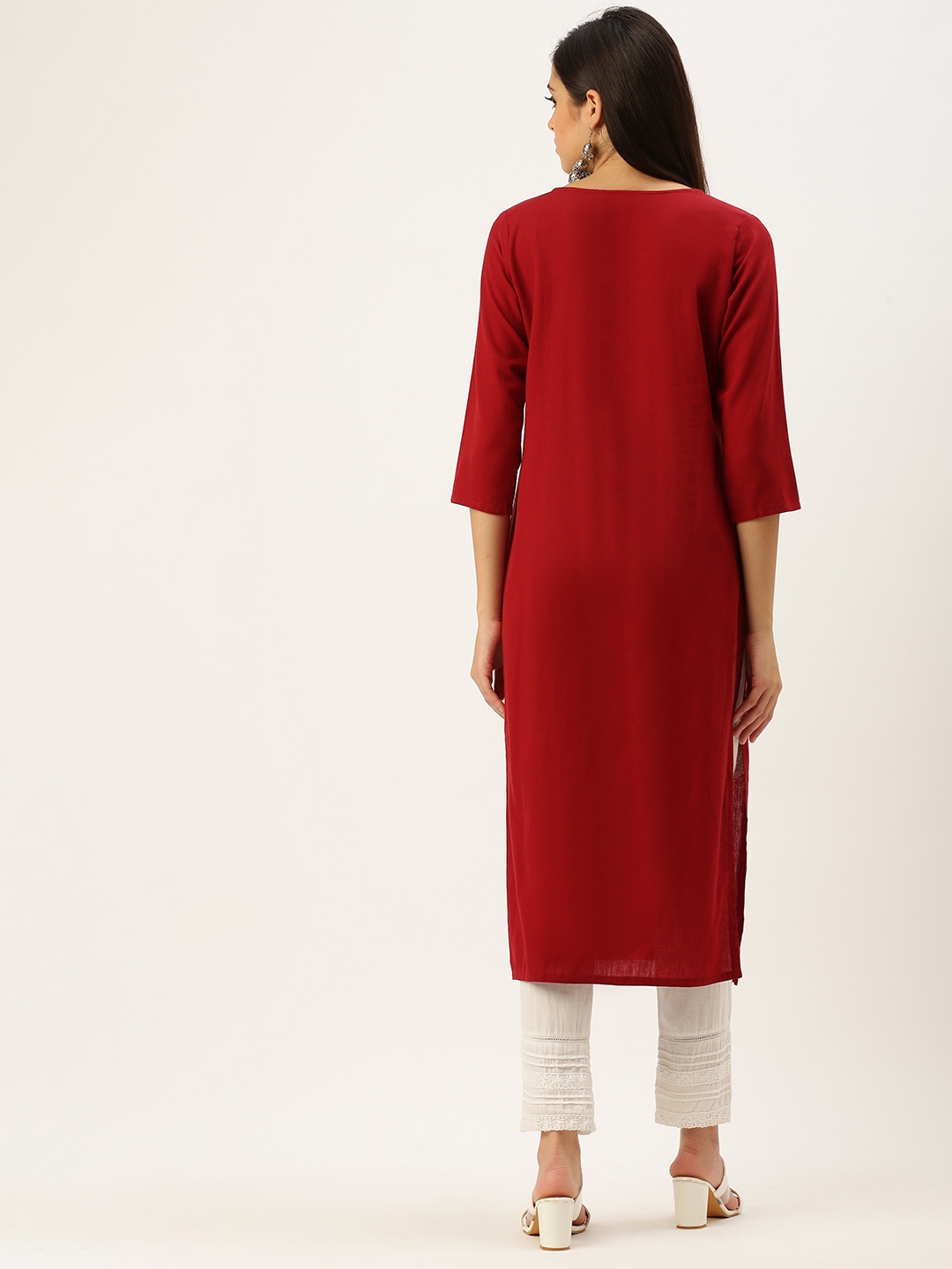 Women's Red Cotton Embroidered Comfort Fit Kurtas