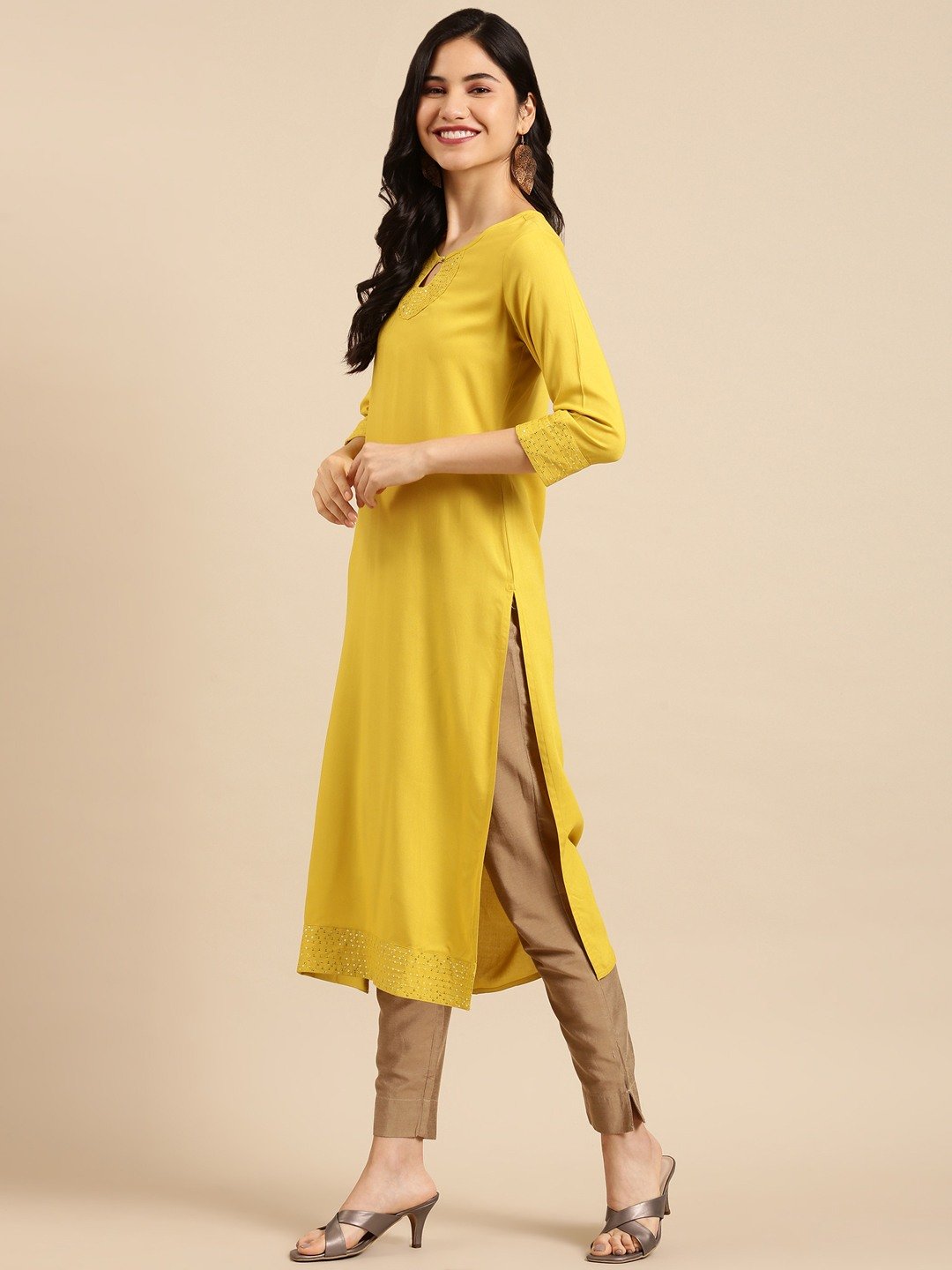 Women's Yellow Cotton Embellished Comfort Fit Kurtas