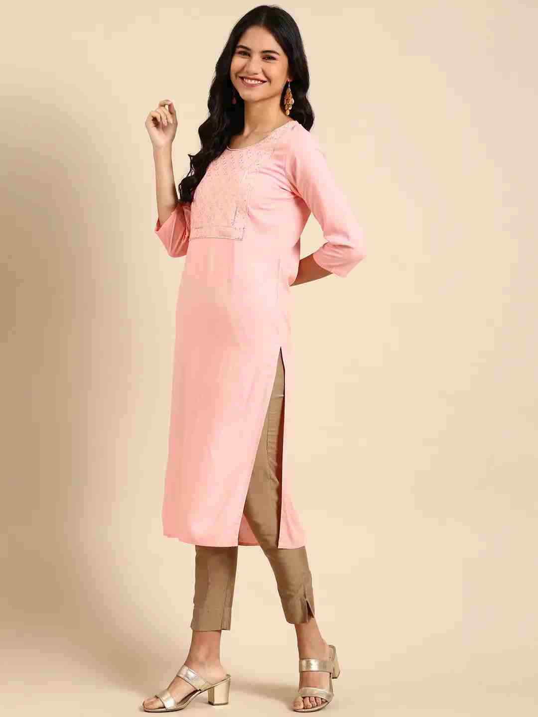 Women's Pink Viscose Rayon Solid Comfort Fit Kurtas