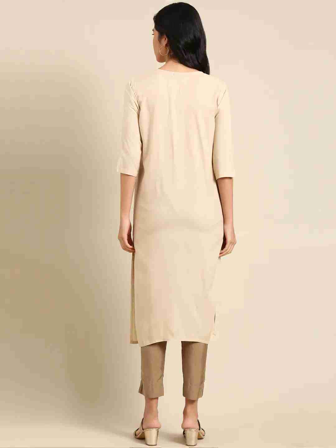 SHOWOFF Women's Round Neck Solid Beige Straight Kurta