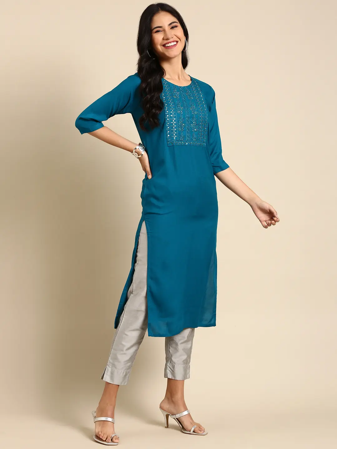 Women's Blue Viscose Rayon Solid Comfort Fit Kurtas