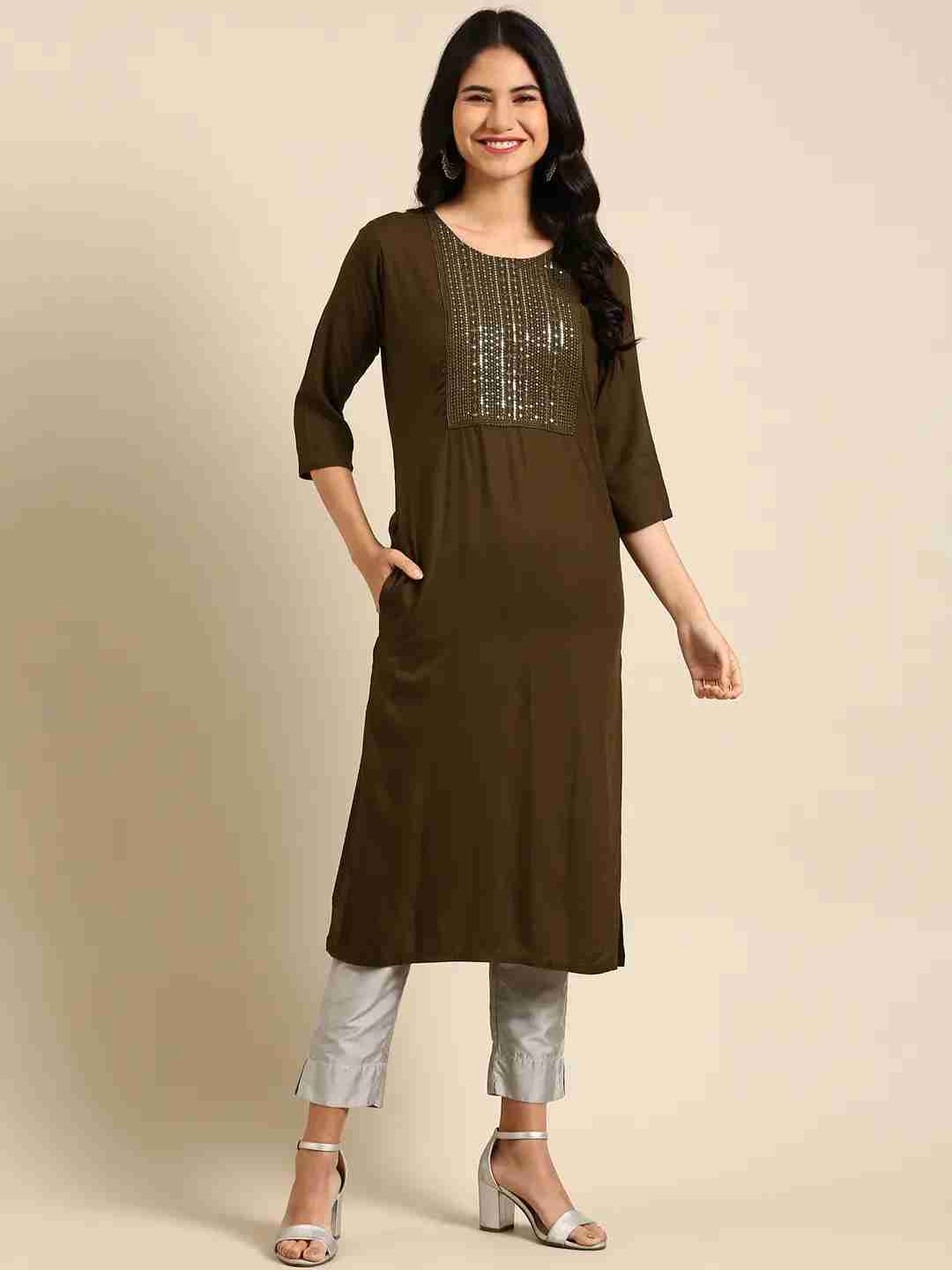 Women's Green Viscose Rayon Solid Comfort Fit Kurtas