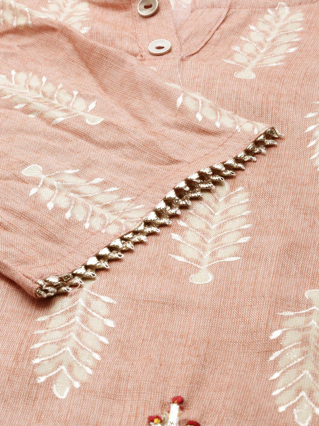 SHOWOFF Women's Round Neck Ethnic Motifs Peach Straight Kurta