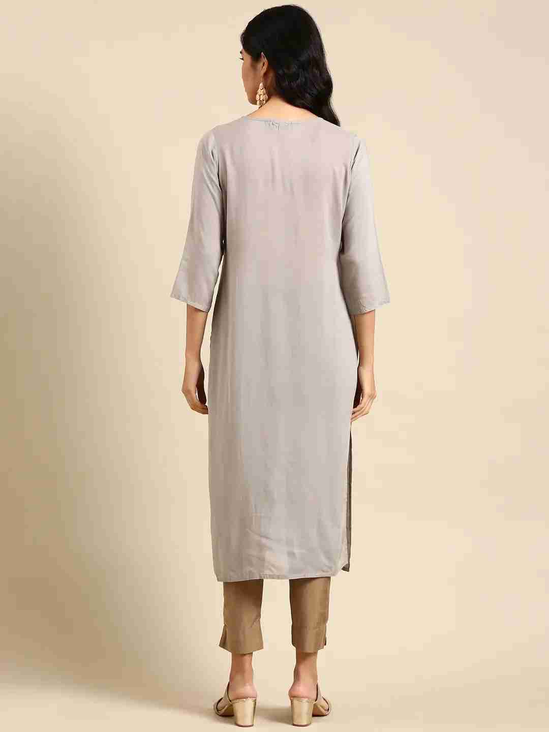 Women's Grey Chanderi Solid Comfort Fit Kurtas