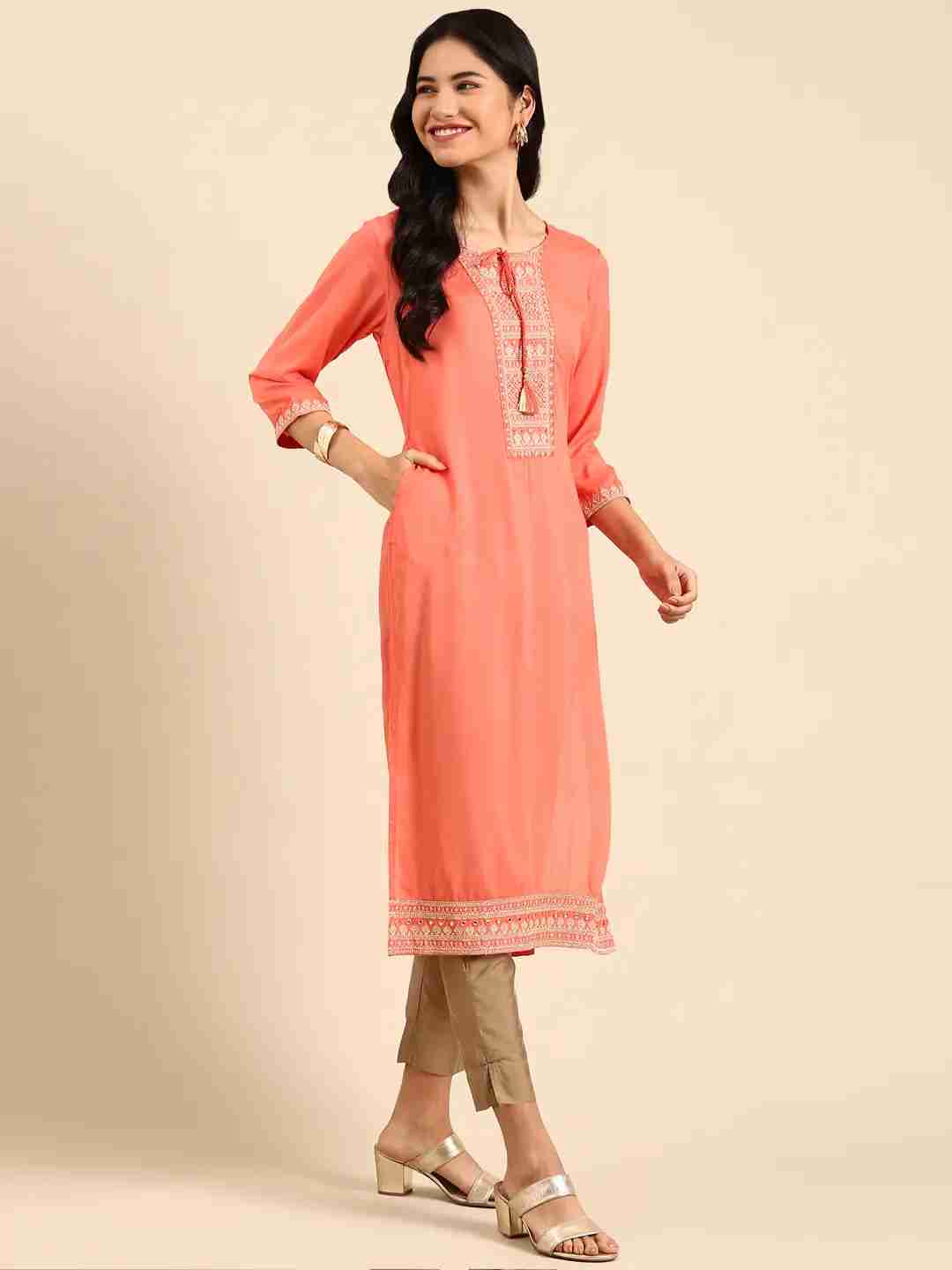 Women's Pink Silk Printed Comfort Fit Kurtas