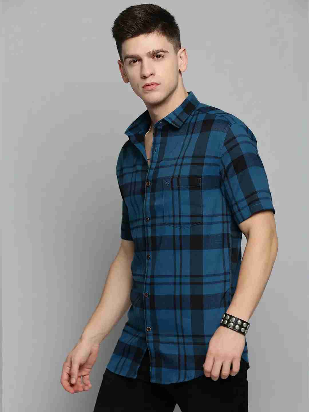 SHOWOFF Men's Spread Collar Teal Checked Shirt