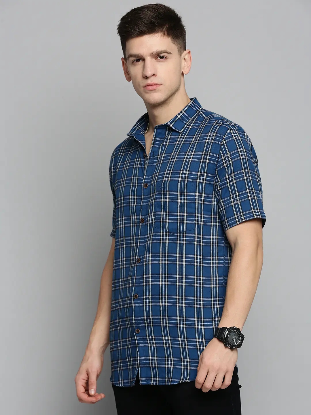 SHOWOFF Men's Spread Collar Blue Checked Shirt