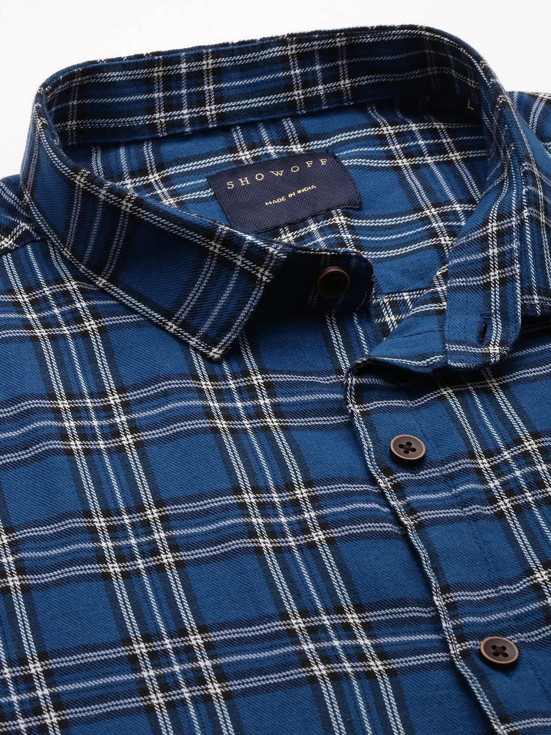 SHOWOFF Men's Spread Collar Blue Checked Shirt