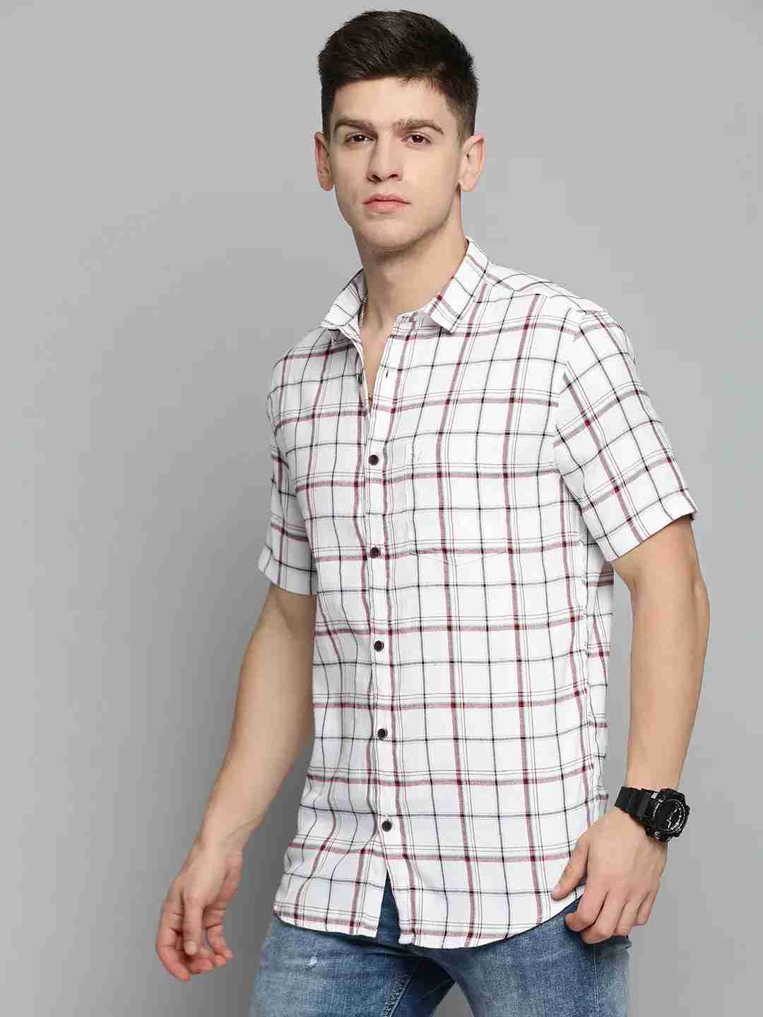 SHOWOFF Men's Spread Collar White Checked Shirt