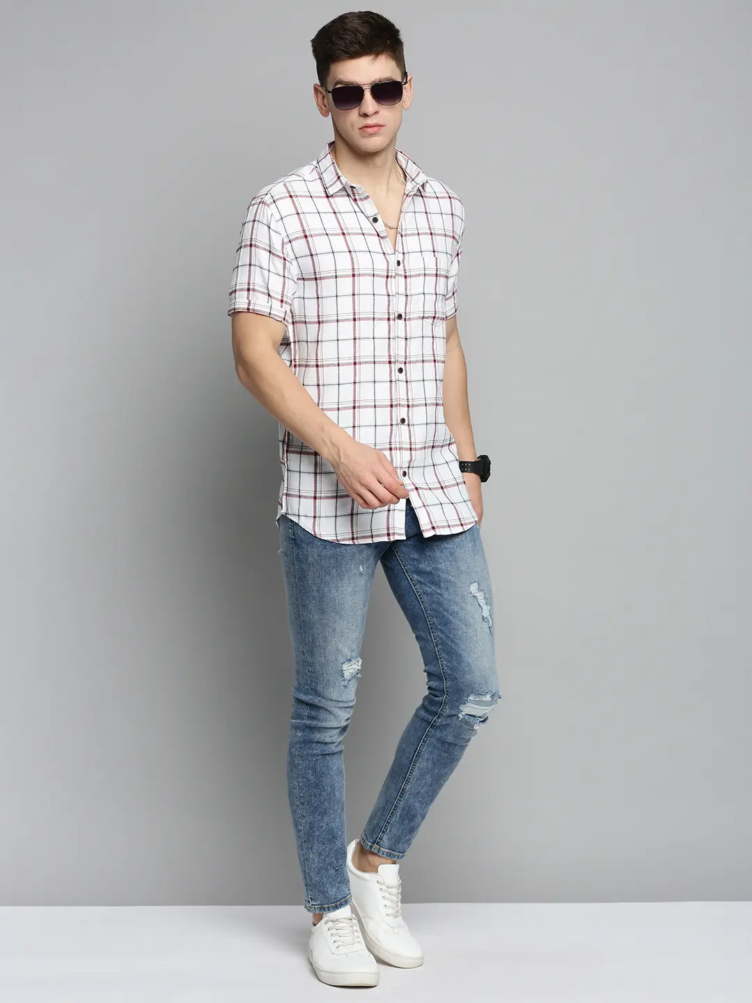 SHOWOFF Men's Spread Collar White Checked Shirt