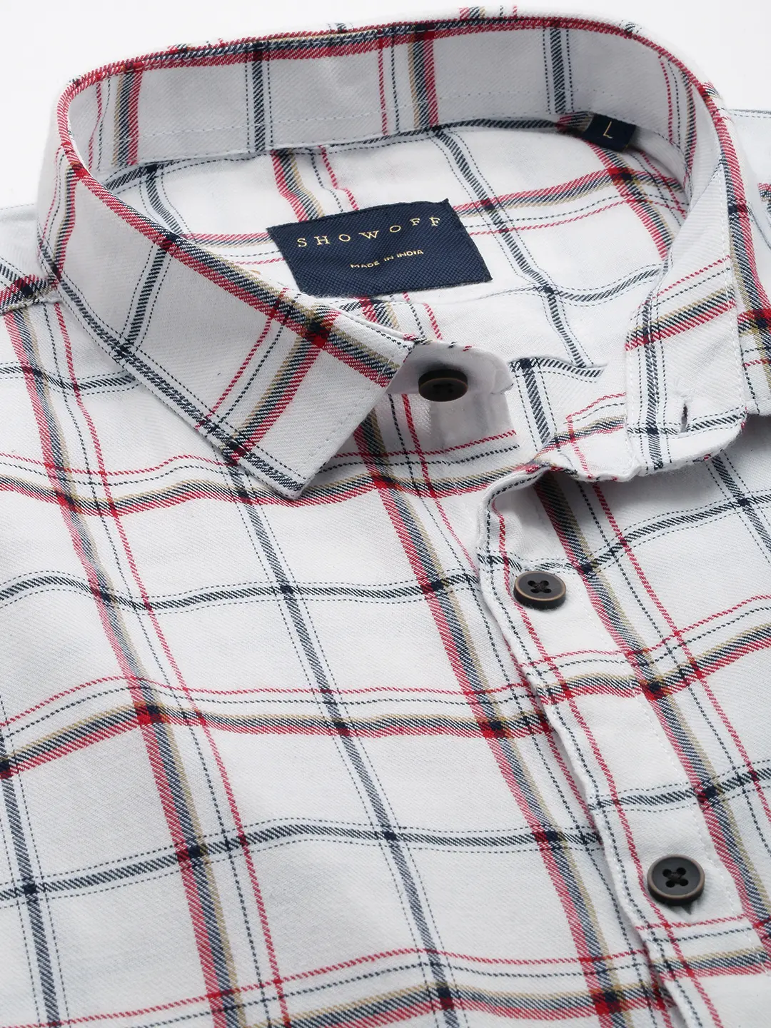 SHOWOFF Men's Spread Collar White Checked Shirt