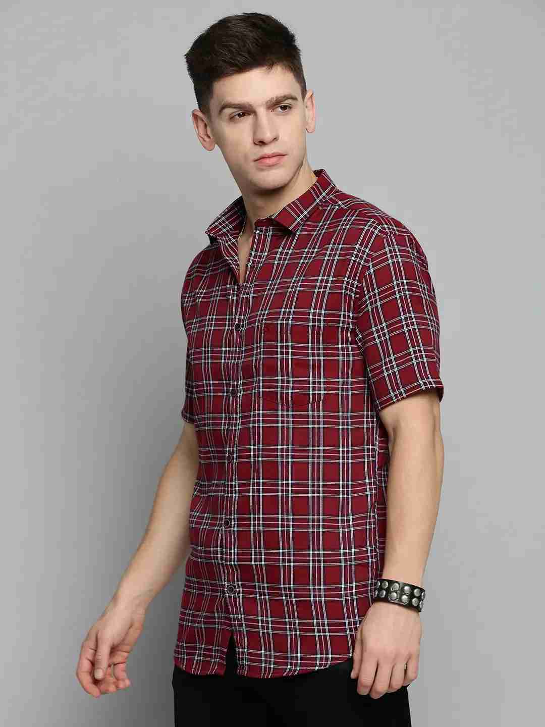 SHOWOFF Men's Spread Collar Maroon Checked Shirt