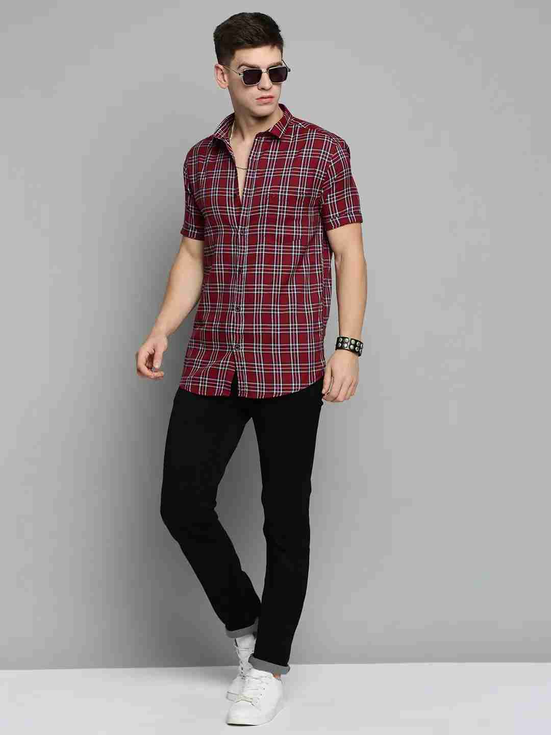 SHOWOFF Men's Spread Collar Maroon Checked Shirt