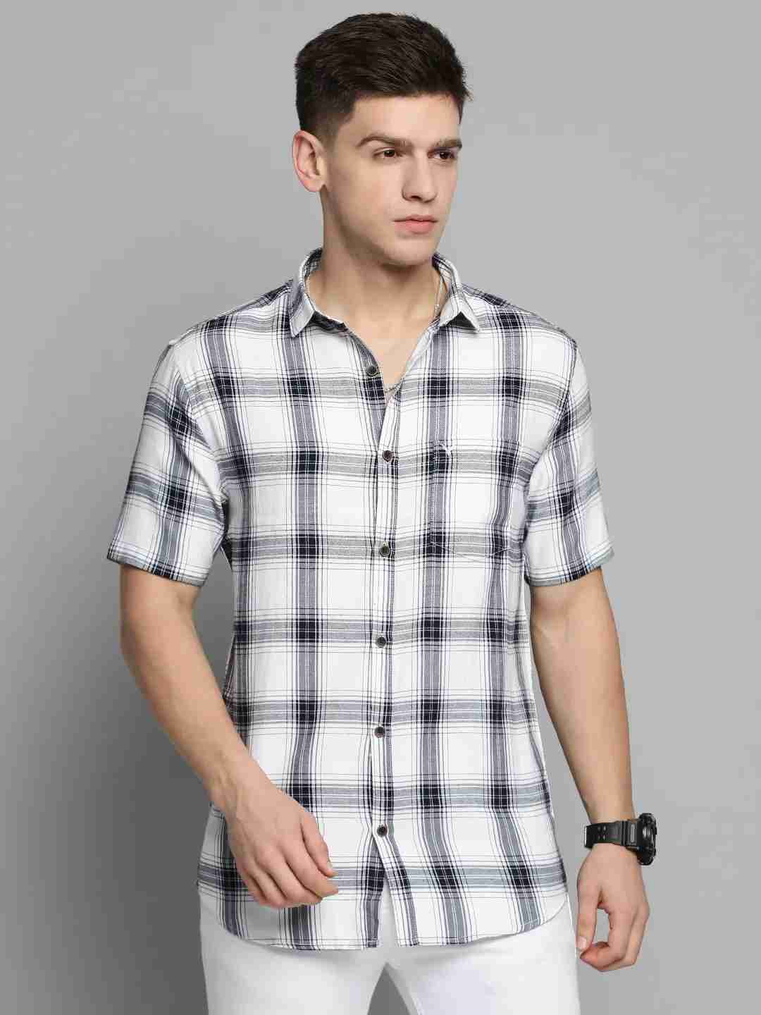 SHOWOFF Men's Spread Collar White Checked Shirt
