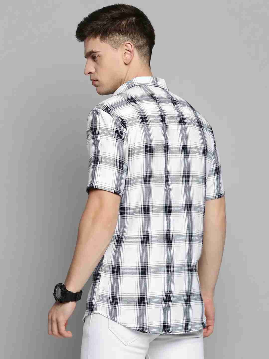SHOWOFF Men's Spread Collar White Checked Shirt