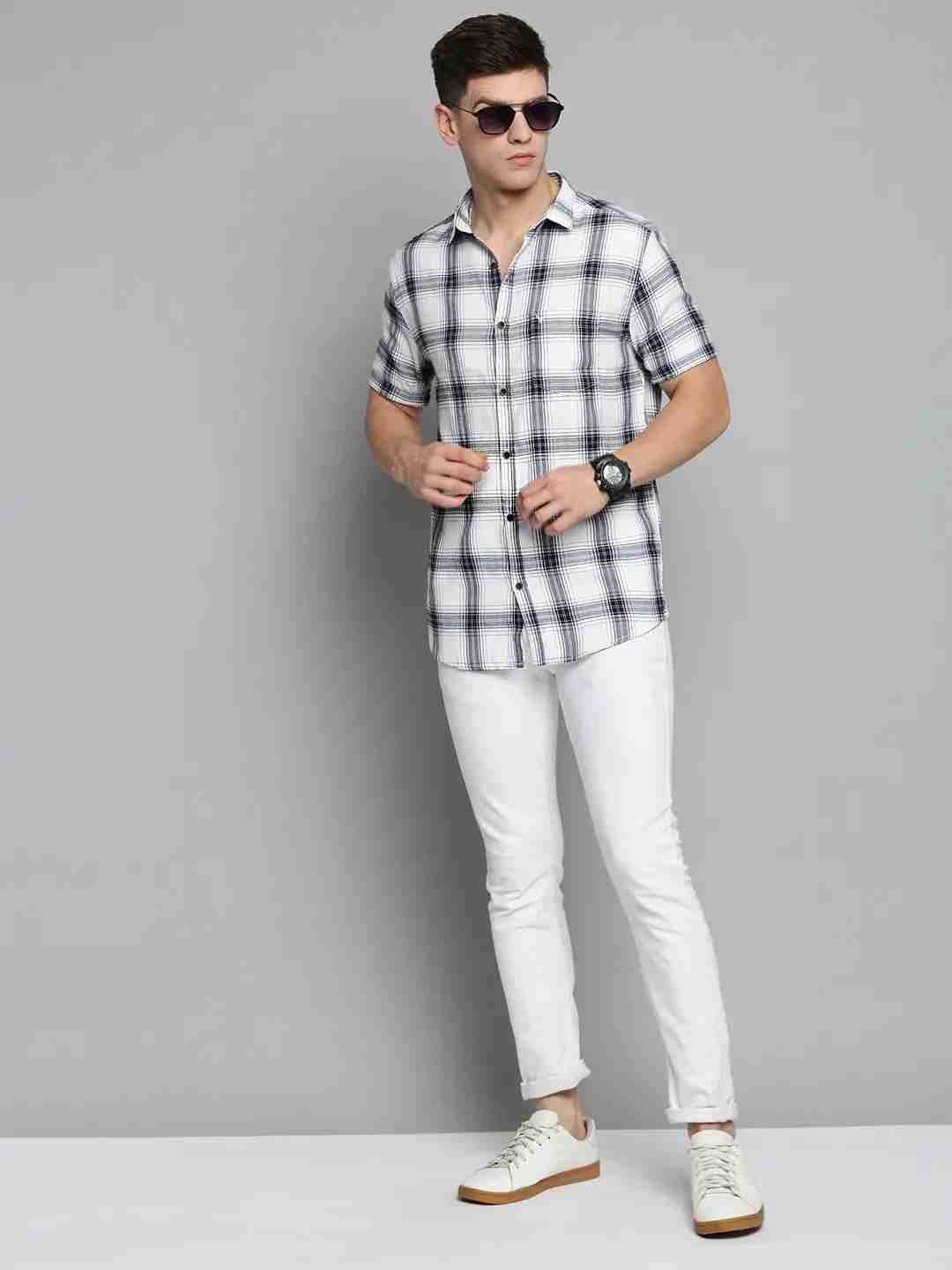 SHOWOFF Men's Spread Collar White Checked Shirt
