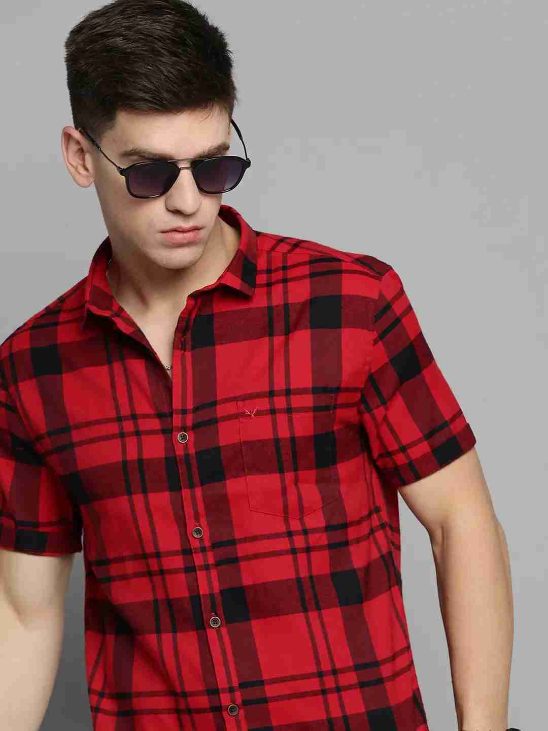 SHOWOFF Men's Spread Collar Red Checked Shirt