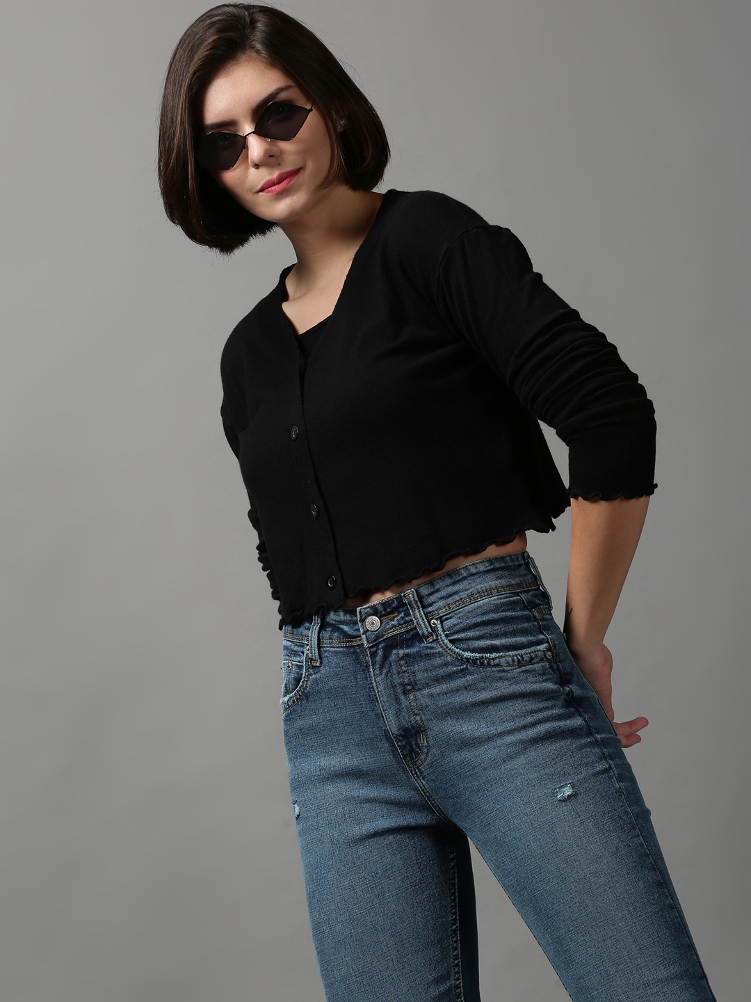 Showoff | SHOWOFF Women Black Solid V Neck Full Sleeves Crop Sweater Vest Sweater