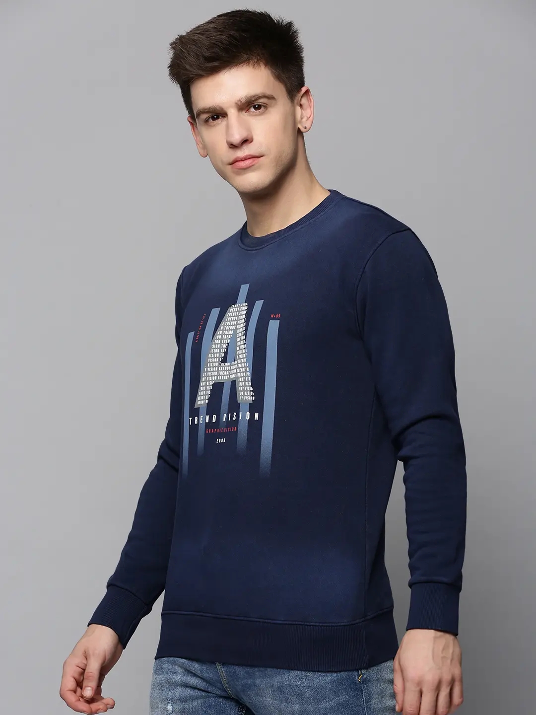 SHOWOFF Men's Round Neck Printed Navy Blue Pullover Sweatshirt