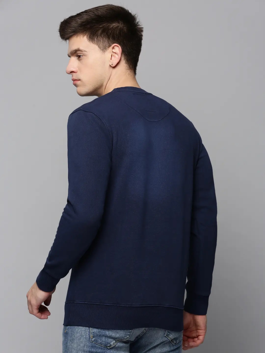 SHOWOFF Men's Round Neck Printed Navy Blue Pullover Sweatshirt