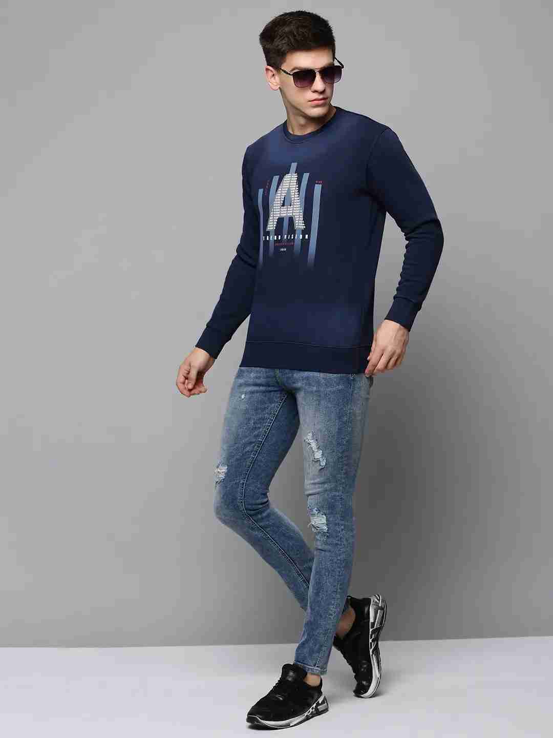 SHOWOFF Men's Round Neck Printed Navy Blue Pullover Sweatshirt