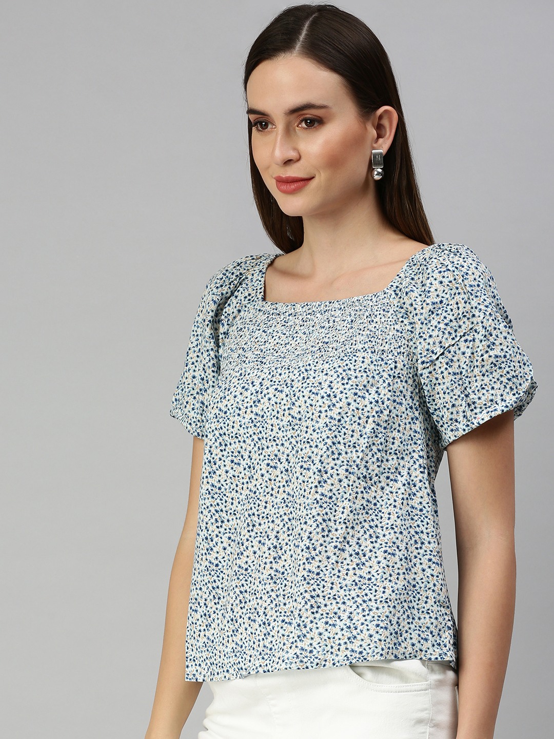 SHOWOFF Women's Square Neck Floral White Regular Top