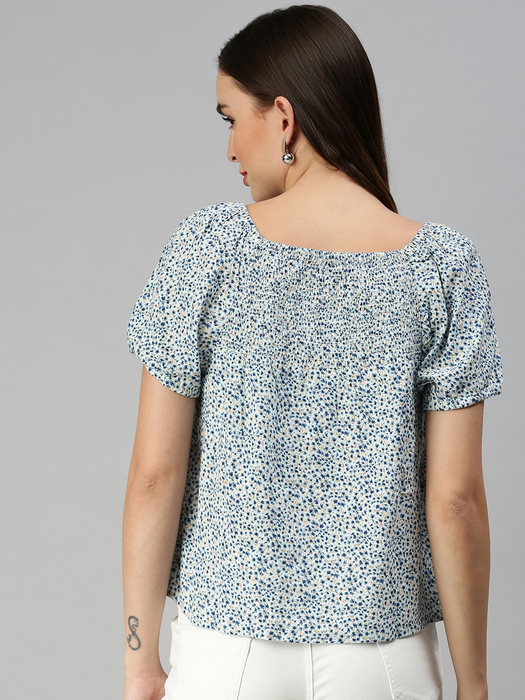 SHOWOFF Women's Square Neck Floral White Regular Top