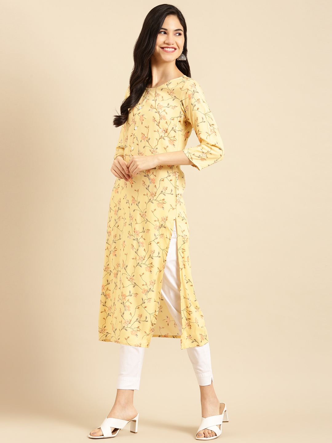 Women's Yellow Viscose Embellished Comfort Fit Kurtas