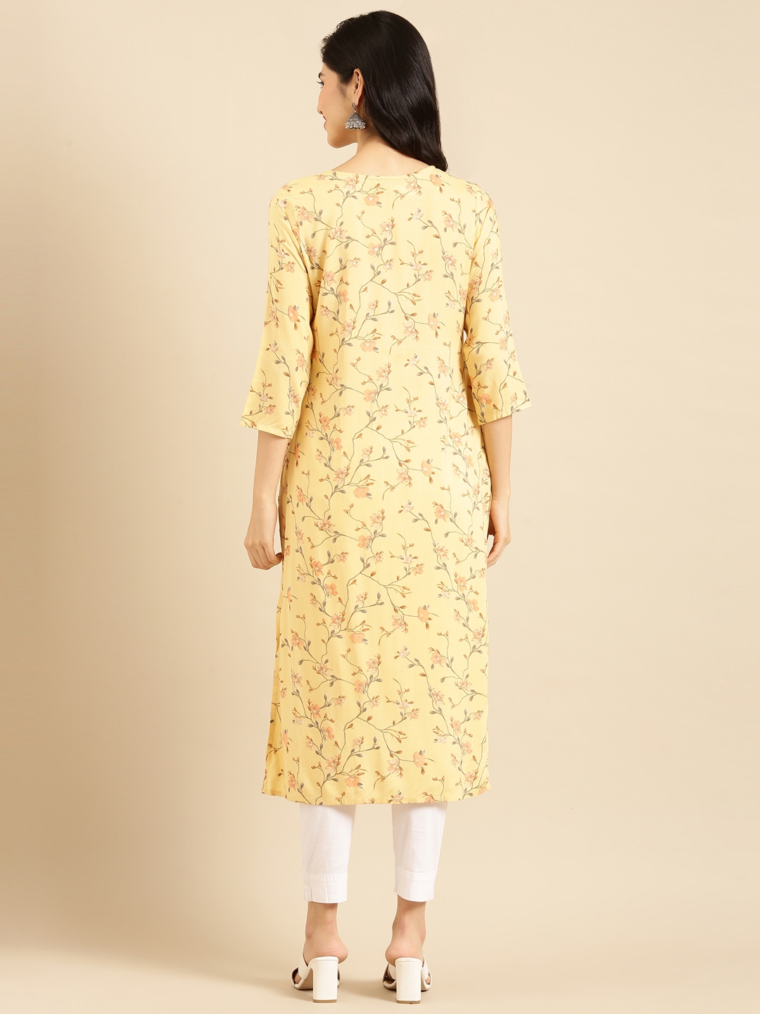 Women's Yellow Viscose Embellished Comfort Fit Kurtas