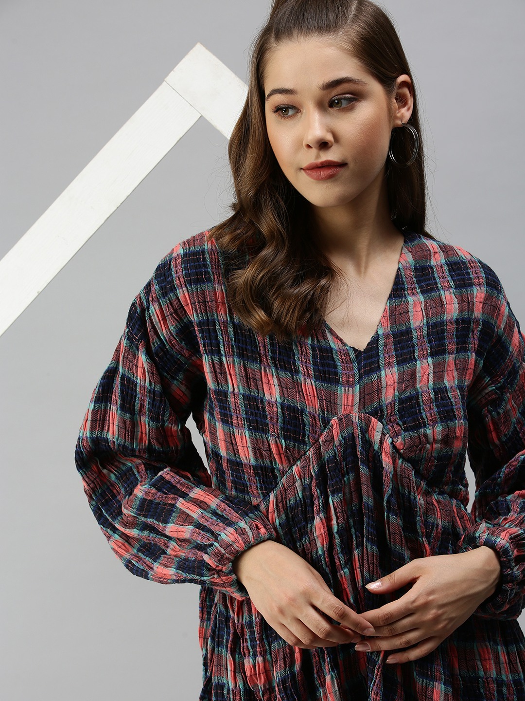 SHOWOFF Women's Checked Multi Fit and Flare Dress