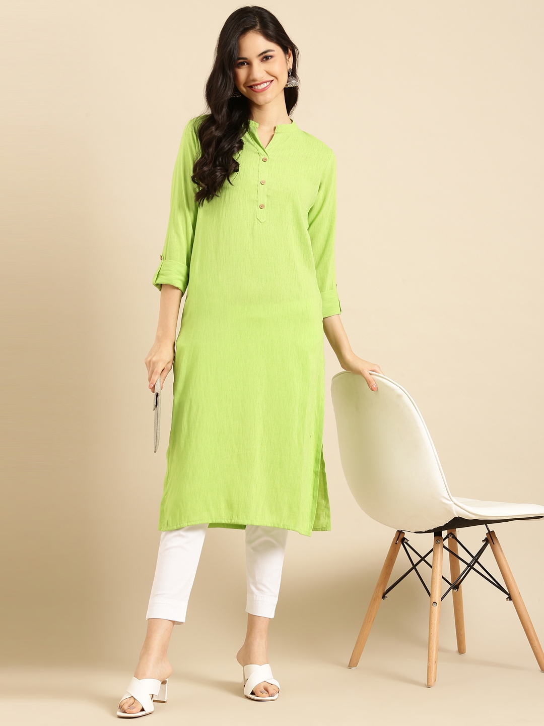 Women's Green Polyester Solid Comfort Fit Kurtas