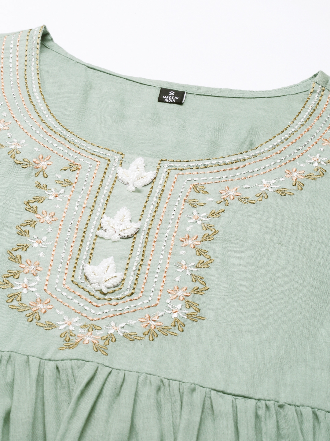 Women's Green Cotton Embroidered Comfort Fit Kurtas