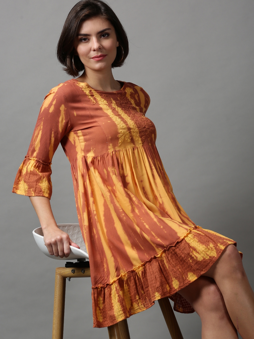 SHOWOFF Women Brown Dyed Round Neck Three-Quarter Sleeves Knee length Empire Dress