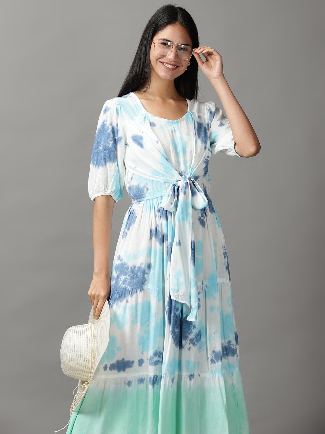 Showoff | SHOWOFF Women's Round Neck Maxi White Tie and Dye Dress