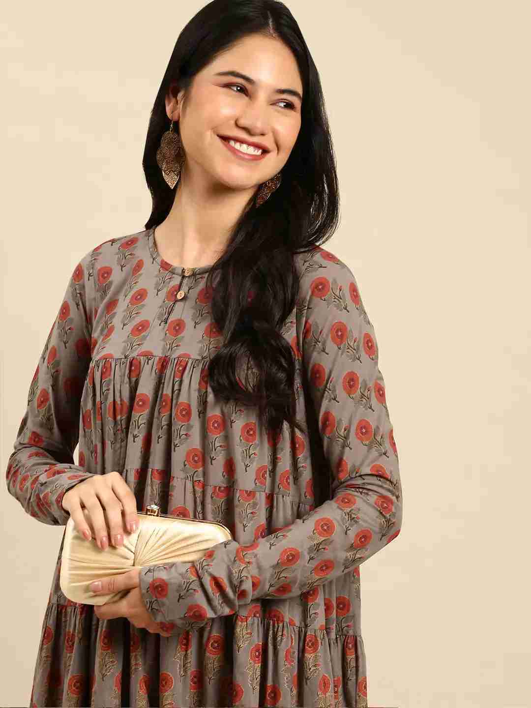 Showoff | SHOWOFF Women Grey Floral Round Neck Full Sleeves Ankle Length Anarkali Kurta