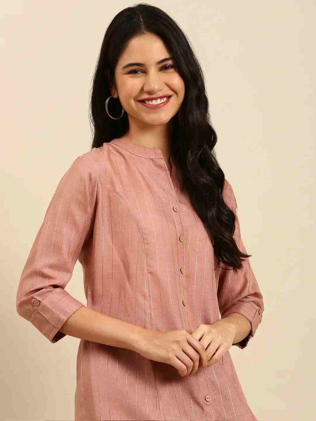 SHOWOFF Women Mauve Embellished Mandarin Collar Three-Quarter Sleeves Mid Length Straight Kurta