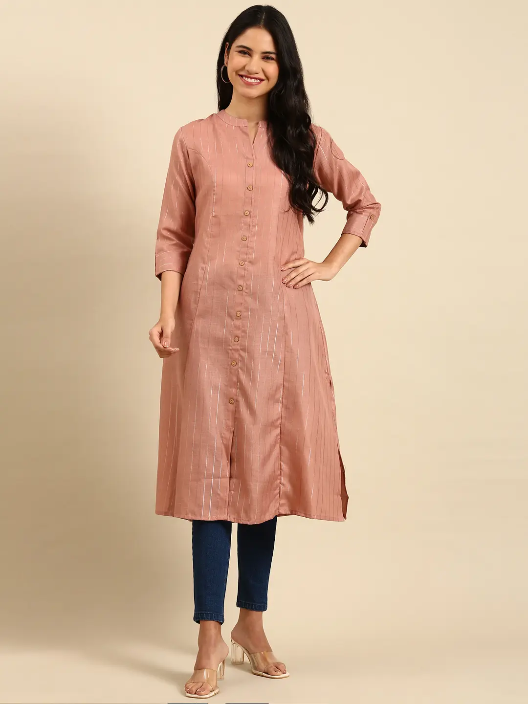 SHOWOFF Women Mauve Embellished Mandarin Collar Three-Quarter Sleeves Mid Length Straight Kurta